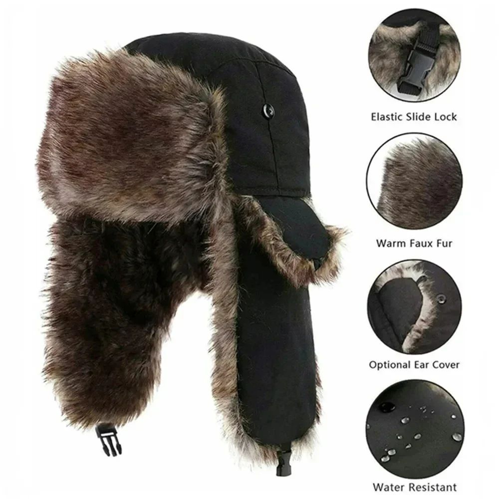 Chapéu de Inverno Unissex para Homens e Mulheres, Tipo Trapper, Aviador, Trooper, com Protetores de Orelha, Chapéu de Esqui, Novo Chapéu Bomber, Chapéu de Esqui Russo, Chapéu de Pelúcia Sintética