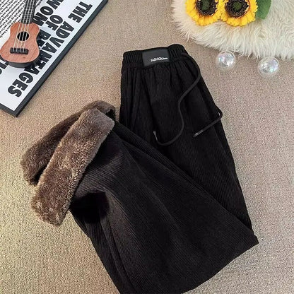 Velvet high waisted wide leg pants women winter new streetwear thickened lambskin corduroy pants lazy joggers women casual pants