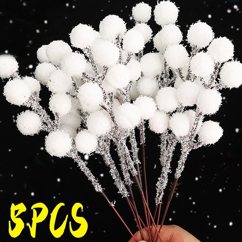 5/50pcs Christmas Snow Tipped Berry Branches Artificial White Berries Fake Flower DIY Wreath Xmas Tree Wedding Party Decoration