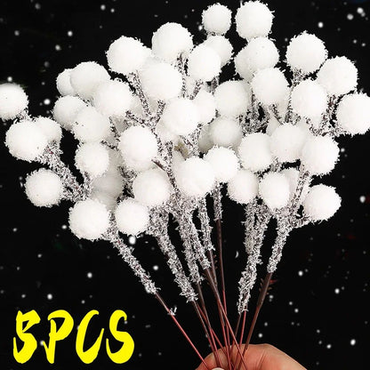 5/50pcs Christmas Snow Tipped Berry Branches Artificial White Berries Fake Flower DIY Wreath Xmas Tree Wedding Party Decoration