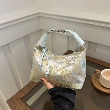 Sweet Embroidery Shoulder Bag Nylon Texture Pearl Pendant Crossbody Bag Small Bucket Handbag Women Canvas Luxury Cheongsam Bag