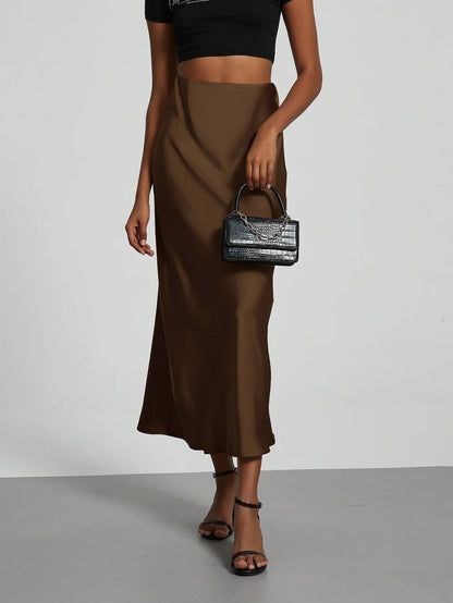 Elegant Fashionable European Style Women's Midi Skirt With Satin Texture Versatile Solid Color Bright Light Sensation Long Dress