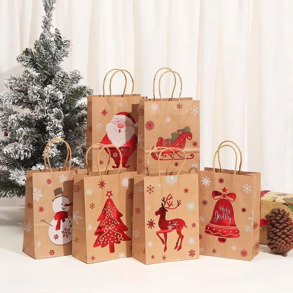 Christmas Kraft Gift Bags with Handles Snowman Santa Tree Designs Geometric Pattern Paper Tote Bags Party Xmas Decoration