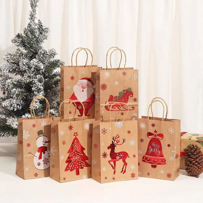 Christmas Kraft Gift Bags with Handles Snowman Santa Tree Designs Geometric Pattern Paper Tote Bags Party Xmas Decoration