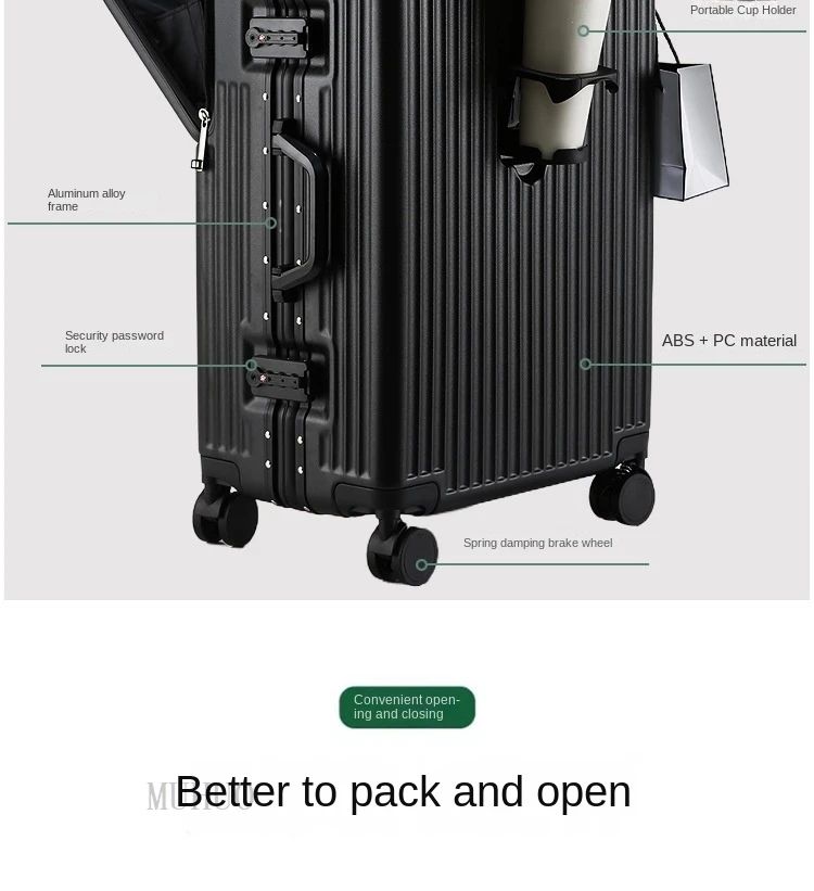 Aluminium Frame Suitcase Front Opening Cabin Luggage with USB Cup Holder Female Trolley Case Male Brake Wheel Travel Suitcase