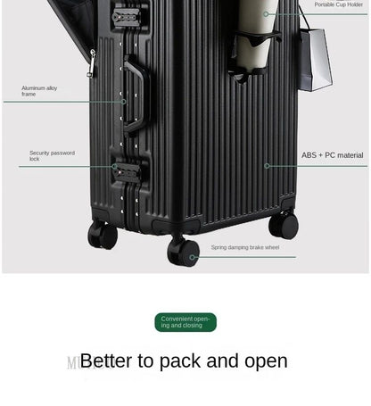 Aluminium Frame Suitcase Front Opening Cabin Luggage with USB Cup Holder Female Trolley Case Male Brake Wheel Travel Suitcase