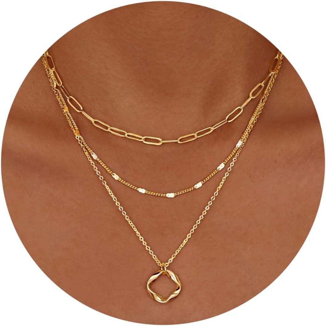 Colares Femininos Banhados a Ouro 14k em Camadas Corrente Elos Papel Banhada a Prata Conjunto de Colar Gargantilha com Pingente para Mulheres