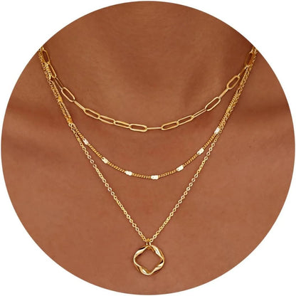 Colares Femininos Banhados a Ouro 14k em Camadas Corrente Elos Papel Banhada a Prata Conjunto de Colar Gargantilha com Pingente para Mulheres