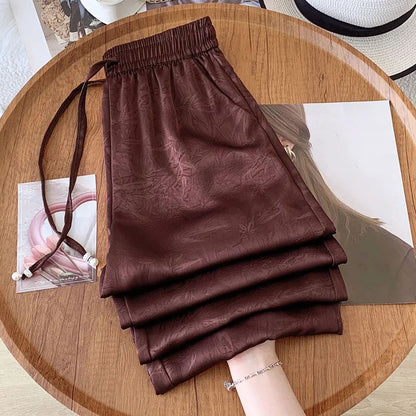 Plus Size Acetate Wide Leg Pants Women's Spring Autumn National Style Print High Waist Slimming Drapey Cool Large Size Women'...