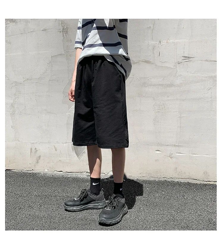 Summer New Y2K Solid Color Cotton Loose Men's Sports Pants Shorts Street Wear Simple Drawstring Straight Casual Shorts Male