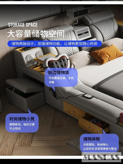 Linlamlim Ultimate Multifunctional Bedframe - Tech Smart Bed with Genuine Leather, Massage, Speaker, Projector, Air Purifier