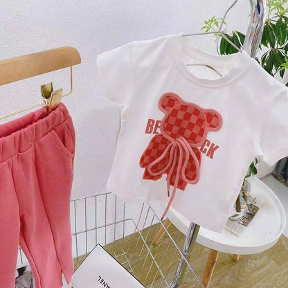 Summer Baby Girls Clothes Set Toddler Kid Cartoon Bear Tshirt and Flared Pants Suit Children Short Sleeve Top Bottom Tracksuit