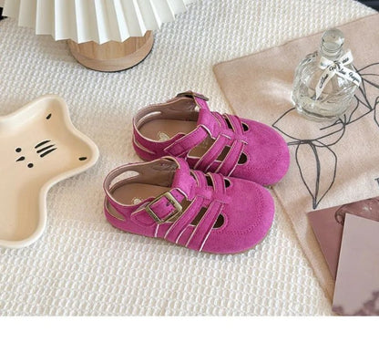 1-12Y Children's Sandals Toe Protect Boys Girls Summer New Candy Color Soft Sole Shoes Kids Casual Retro Flat Leather Sandals