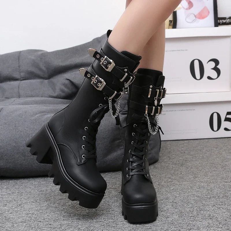 Autumn Women Punk Style Platform Mid-calf Boots Thick Sole Leather Motorcycle Boots 9CM Chunky Metal Buckle Short Boots Woman