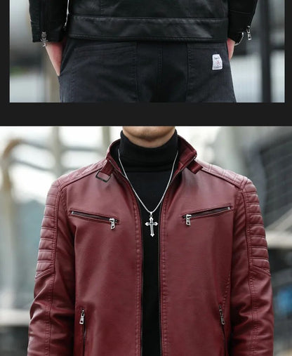 Men's Fleece Lined Biker Jacket Stand Collar Casual Versatile Spring Autumn Leather Coat for Students Fashionable Outerwear