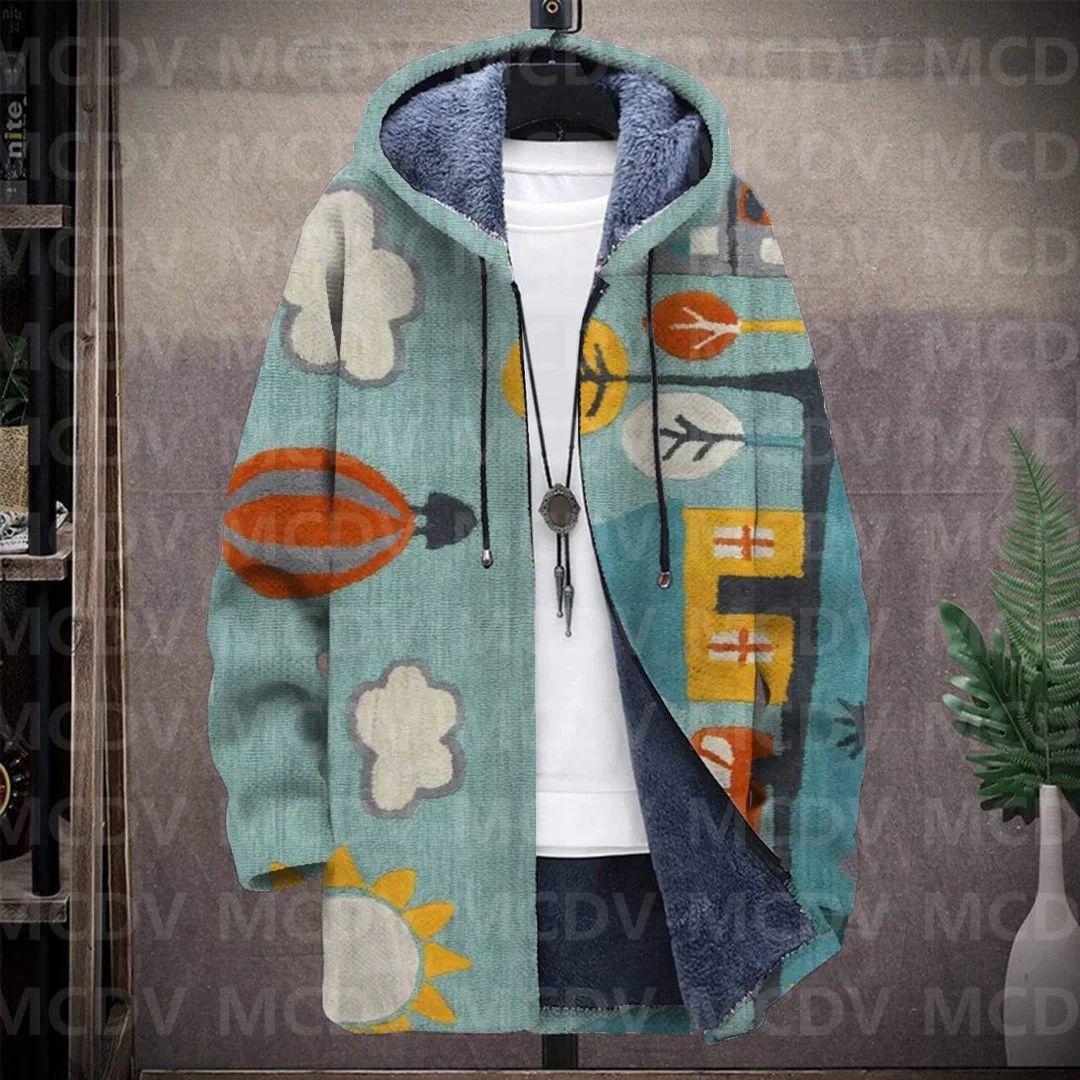 Men's Retro Flower Print Plush Thick Long-Sleeved Coat Fleece Hooded Overcoat Unisex Thick Warm Jacket-12 style