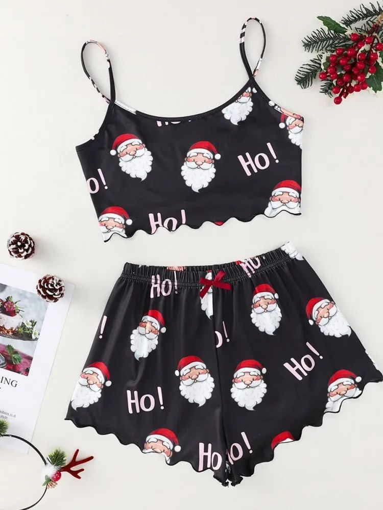 Women's Sleepwear Soft Christmas Festival Cute Gingerbread Print 2 Pieces Pajama Set Crop Tops and Shorts Loungewear