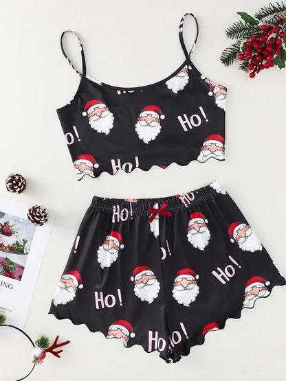 Women's Sleepwear Soft Christmas Festival Cute Gingerbread Print 2 Pieces Pajama Set Crop Tops and Shorts Loungewear