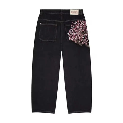 Calça jeans Hip-hop com moedas douradas Y2K retro cintura baixa perna larga com zíper calças jeans soltas bordadas moda masculina Y2K