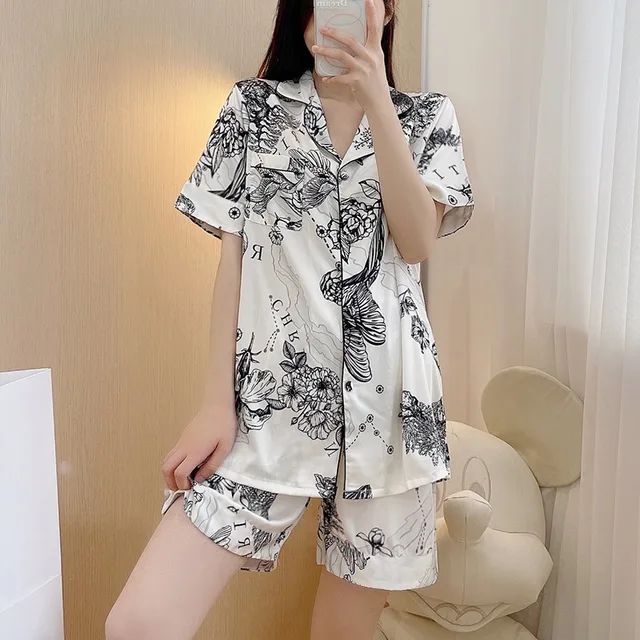 Pyjama Summer New Ladies Sweet Satin Silk Floral Printed Pajamas Set Short Sleeve+Pants Women Ice Silk Cute Homewear Casual Wear
