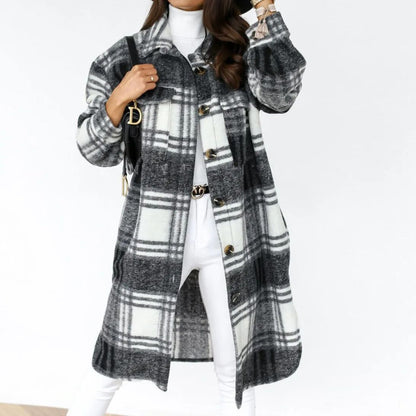 Single Breasted Trench Coat Fashion Long Autumn Winter Women's Clothing Long Sleeve Woolen Plaid Overcoat Coat