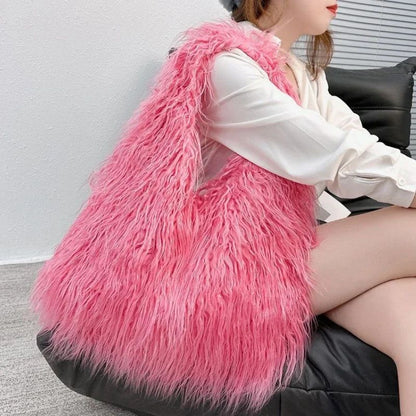 2025 NOVAS Bolsas de Ombro Pelúcia Lã Femininas Y2k Hot Girls Bolsa Saco com Cordão de Pele Sintética Moda Feminina Bolsas de Mão Peludas Tote