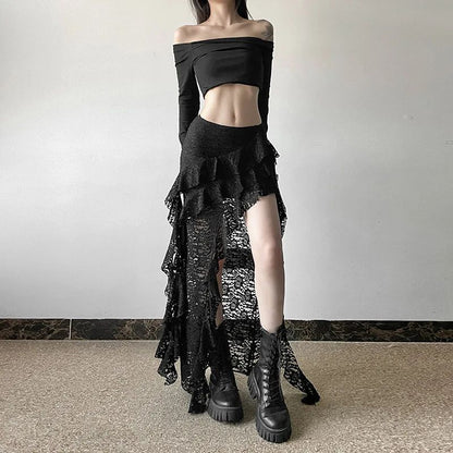 Sexy High Waist Lace Ruffles Skirts Women 2025 Spring Irregular Y2k Skirts Women Fashion Black Patchwork Party Clubwear Gothic