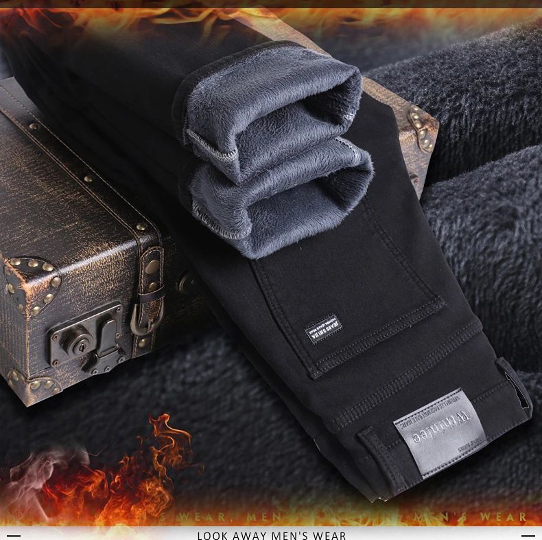 Calça Jeans Masculina Forrada de Lã para Inverno, Reta, Elástica, Preta, de Veludo Grosso, Quente, Casual, Masculina, Tamanhos Grandes