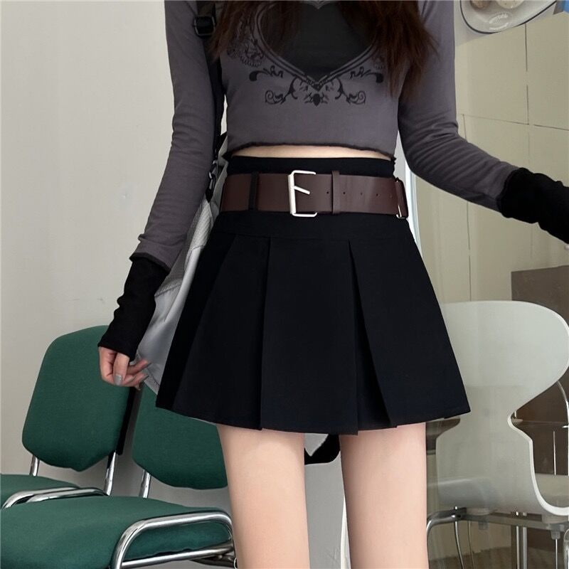 Brown Belted Mini Skirt Low Waisted Pleated Skirt with Belt Women Academia Aesthetic Vintage Outfit