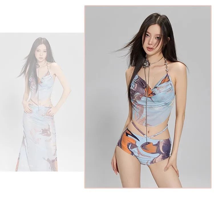 2024 New Three-Piece Bikini Set Beach Vacation Hot Spring Trip Slimming Long Skirt Separate Swimsuit Meat Concealing Photography