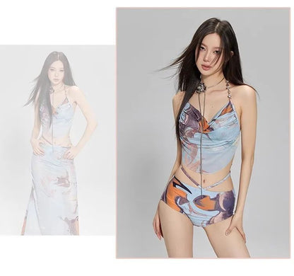 2024 New Three-Piece Bikini Set Beach Vacation Hot Spring Trip Slimming Long Skirt Separate Swimsuit Meat Concealing Photography