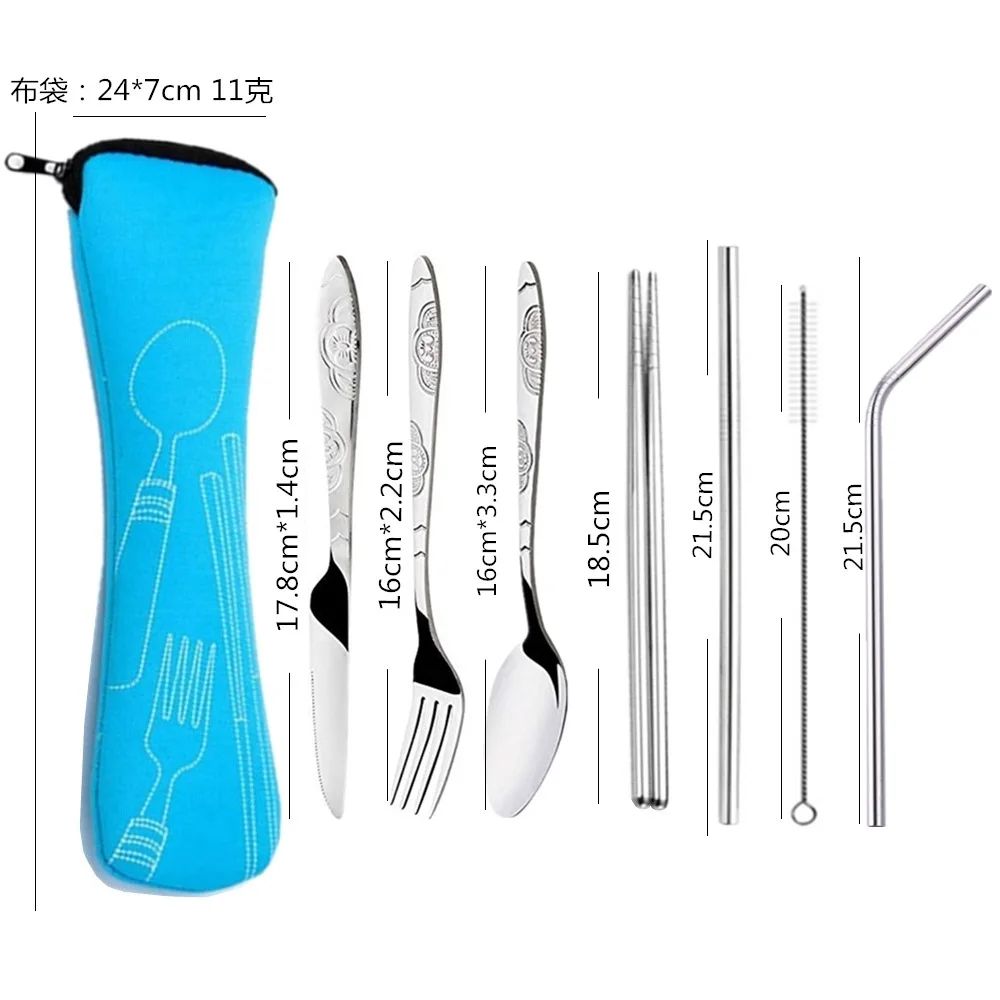 7/3 Peças Conjunto de Talheres de Aço Inoxidável para Acampamento ao Ar Livre Faca de Bife Garfo Colher para Comida Ocidental Bolsa de Pano Criativa Portátil