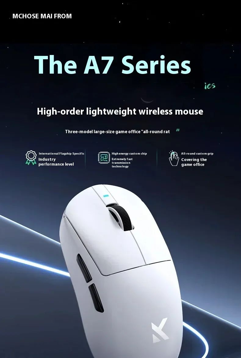 Mouse sem fio MCHOSE A7 Pro Ultra Tri-Mode para jogos E-sports PAW3950 Leve 42000dpi 8K Baixa Latência Ergonômico 500mAh