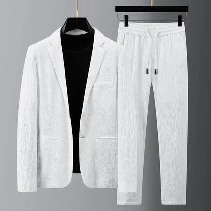 Men Suit Drawstring Pants Blazers Men's Sets Tracksuit Spring Autumn Pleated Suits Thin Casual Outfits Black White Single Button