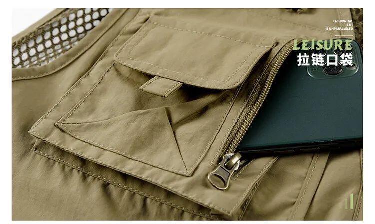 Colete Masculino de Malha com Vários Bolsos Secagem Rápida Sem Mangas Jaqueta Repórter Solto Casual Fino para Pesca Colete Masculino