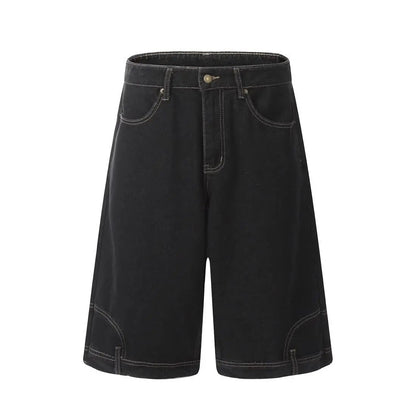Hip Hop Retro Waist Inverted Design Men Denim Shorts Instagram Gothic Street Apparel Loose Straight Leg Pants Sports Pants