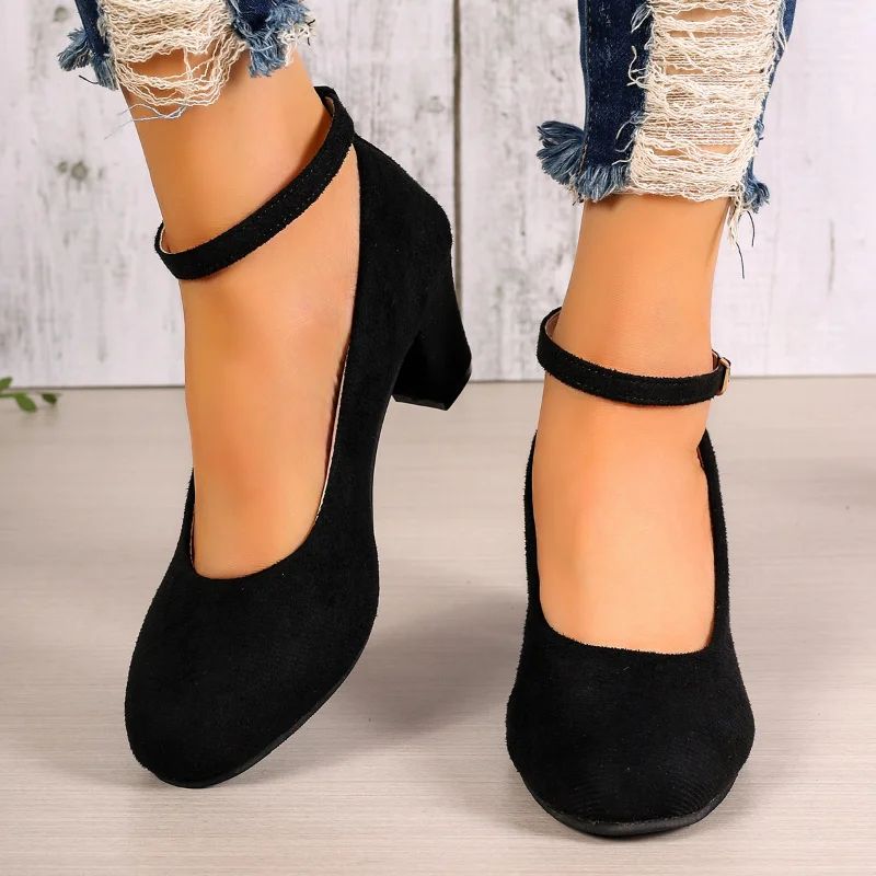Outono Novo Salto Grosso Feminino Preto Fivela de Uma Linha Boca Raso Sapato Único Feminino Camurça Tamanho Grande Sapatos de Trabalho