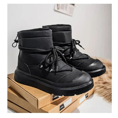 Work Style Snow Boots for Men Women Plus Fleeces Warm Winter Boots High Top Thick Soled Lace Up Black Plush Couple Cotton Shoes