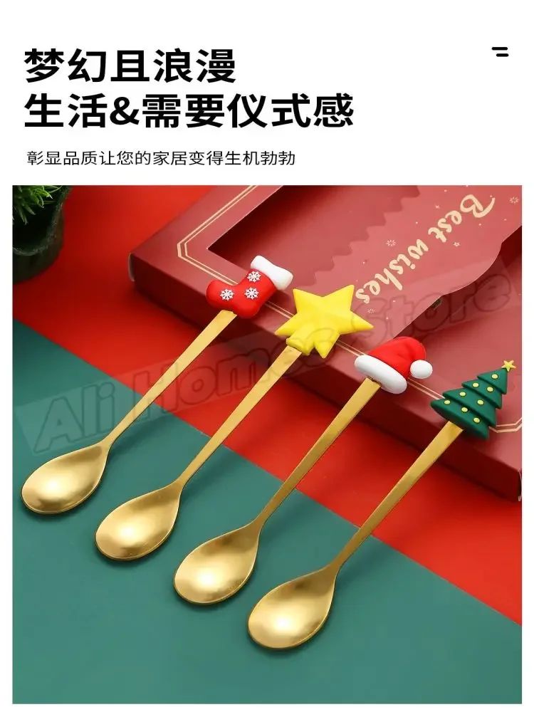 Christmas Cutlery Set Elk Dessert Scoop Fruit Fork Coffee Spoon Stainless Steel Dessert Fork 4/6PCS Christmas Spoons Fork Set