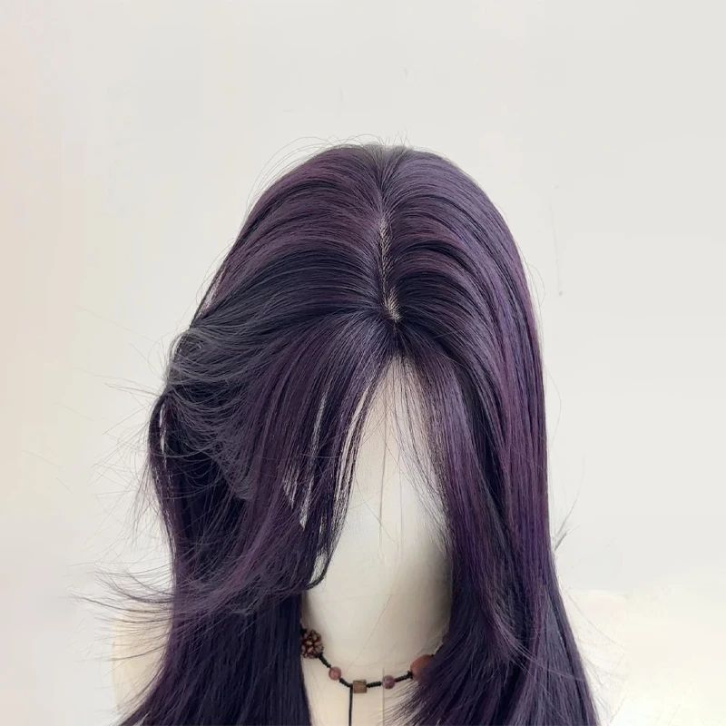 Peruca Ashely Roxo Escuro Feminina 55 cm Cabelo Longo Franja Cortina Camadas Liso Natural Cabelo Sintético Cosplay Perucas Lolita