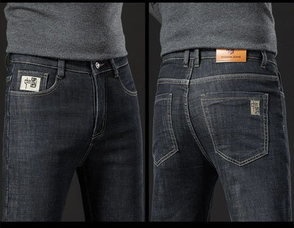 2025 New Classic  Men's Business Casual Velvet Jeans Winter Chinese Embroidery Straight Loose Warm Thick Pants