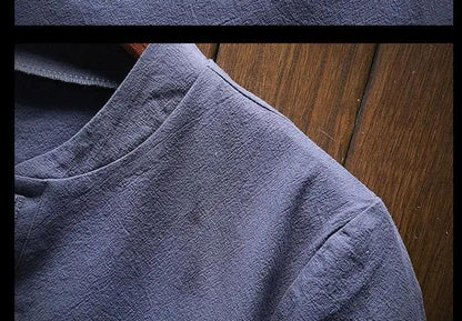 Men's Summer Loose-fit Short Sleeve Linen T-shirt Cotton Linen Body Solid Color Breathable V-neck Thin Top