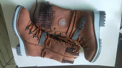 2025 Women Winter Buckle Lace Knitted Mid-calf Boots Low Heel Round Toe Boots Top Quality Winter Warm Boots Women Botas De Mujer