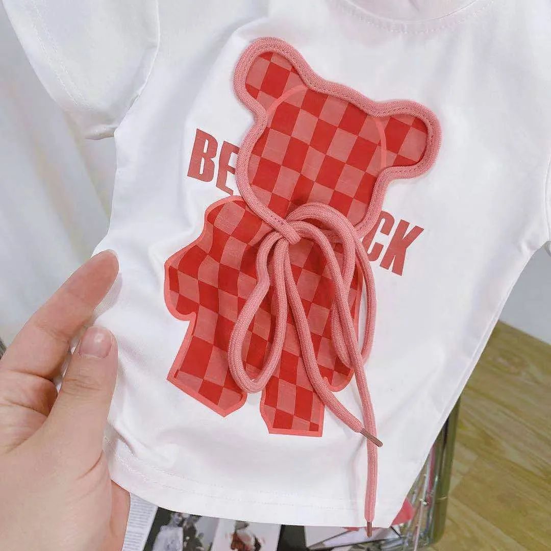 Summer Baby Girls Clothes Set Toddler Kid Cartoon Bear Tshirt and Flared Pants Suit Children Short Sleeve Top Bottom Tracksuit