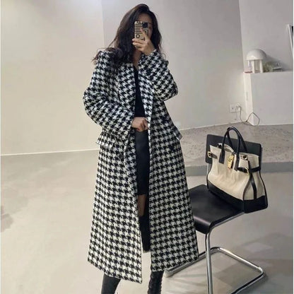 Women Autumn Winter Woolen Coat 2025 New Women Double Breasted Coat Korean Houndstooth Mid-Length Woolen Coat Lady Winter Jacket