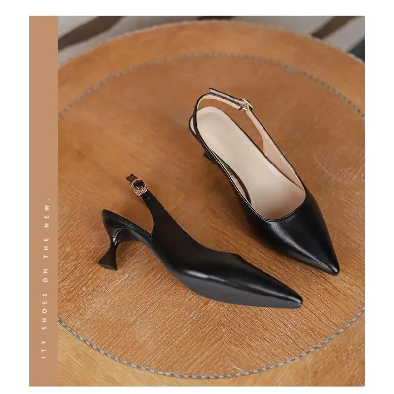New Women's Sandals Pointed Toe Slingbacks Pumps Wedding Shoes Low Heels Dress Shoes Slip on Black Women Shoes
