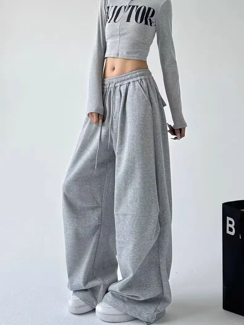 Calça Esportiva Cinza de Cintura Alta Solta Masculina Feminina Casual Perna Larga Calças Estilo Primavera Outono Confortável Moletom Roupa de Trabalho