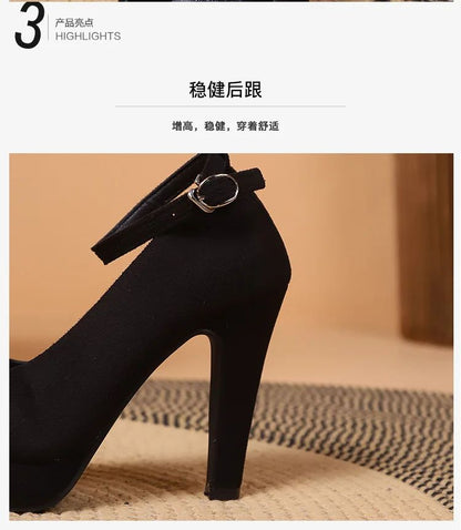 Large Size 42 Sexy Super High Heels Shoes for Women Ankle Buckle Chunky Platform Pumps Woman Black Flock Square Heel Party Shoes