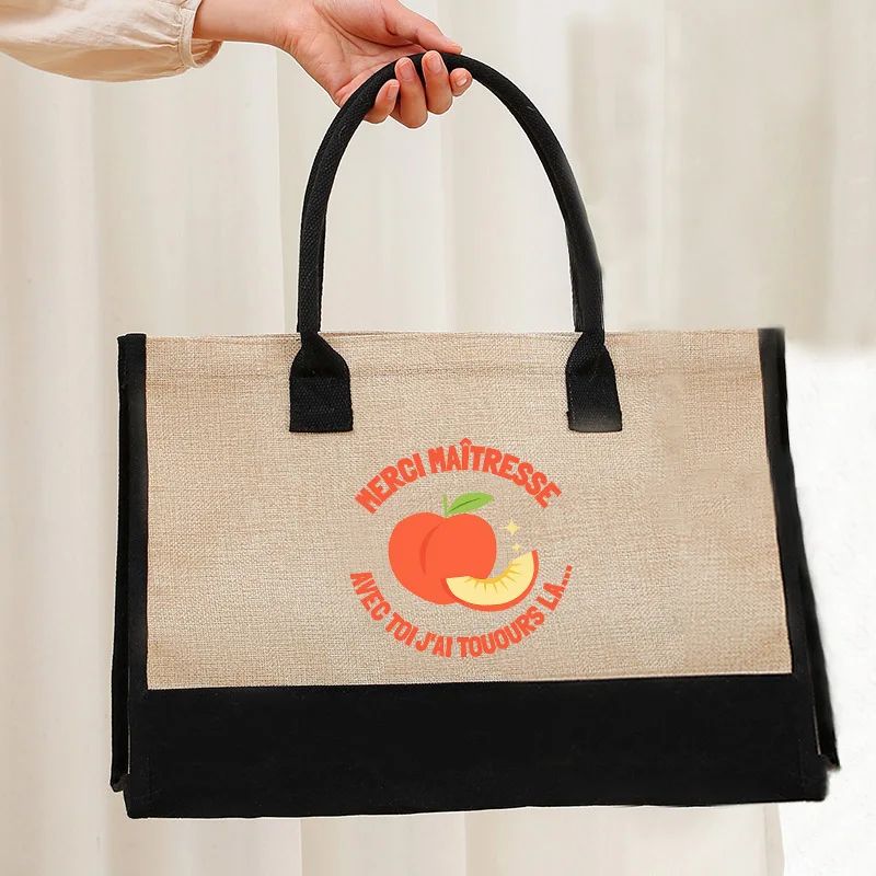 French Quote Peach Print Canvas Tote Bag Teacher Gift Beach Bags Casual Shoulder Bag Women Daily Handbag