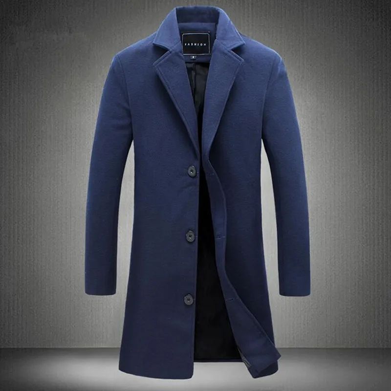 2025 Outono Inverno Novo Lã Masculino Longo Casaco de Algodão Mistura Cor Pura Casual Negócios Moda Slim Jaqueta Corta-Vento Masculina Roupa